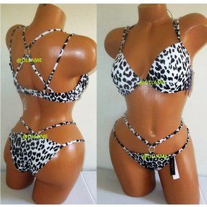 VICTORIA'S SECRET Love Push-Up Bikini Swim Set 36C Strappy Brazilian Leopard